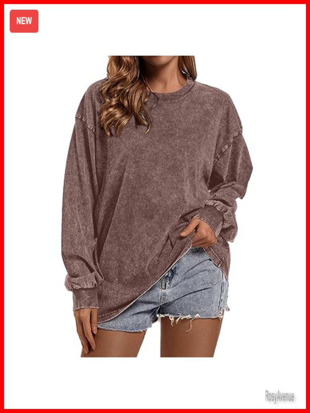 Oversized Long Sleeve Crewneck T-Shirt 100% Cotton Loose Fit Acid Wash Tee